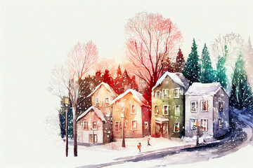 Digital illustration winter village. Christmas decorated houses. Composition with house,snow,candy. Illustration for Christmas postcards,posters,greeting cards.Cartoon decorative houses.