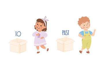 Little Boy and Girl with Cardboard Box as Preposition Demonstration Vector Set
