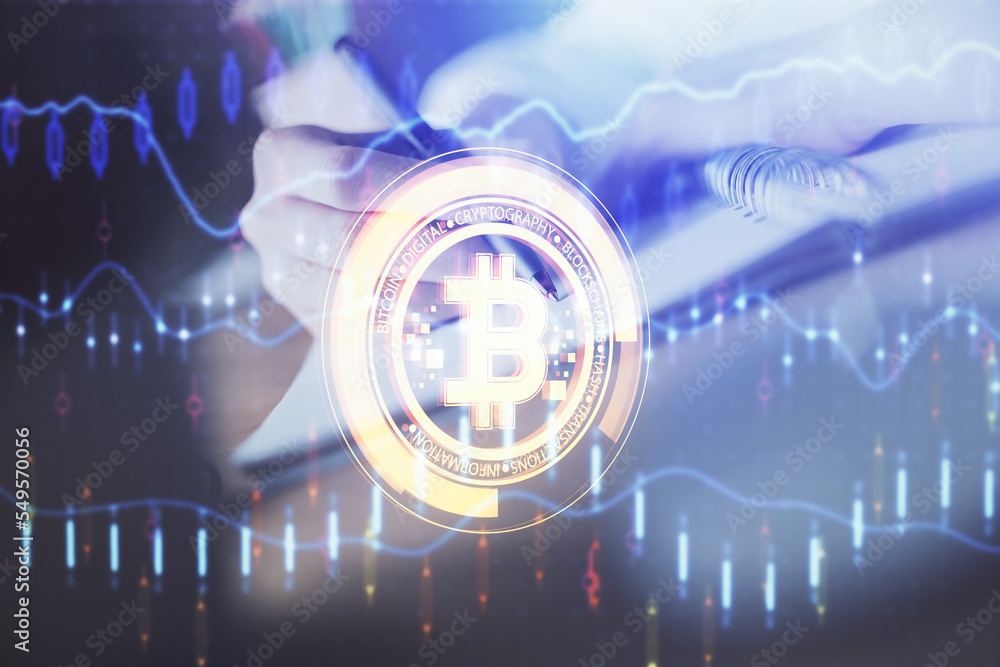 Poster cryptocurrency hologram, bitcoin, ico theme over hands taking notes background. concept of blockchai
