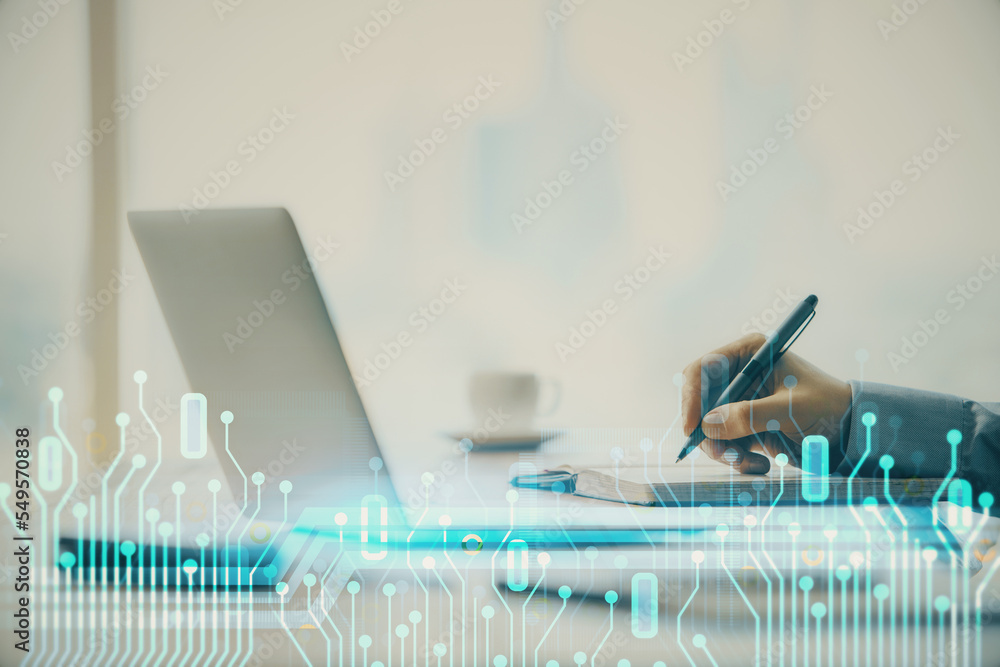 Poster businessman with computer background with technology theme hologram. concept of hightech. multi expo