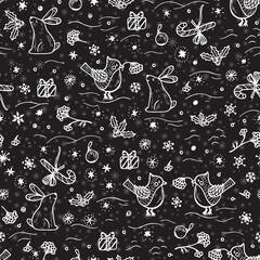 Christmas and New Year Background for kids. Winter Seamless pattern with Hand drawn doodle Bird, Rabbit, gifts, holly berries, snowflakes, snow