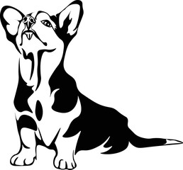 Black and White Cartoon Illustration Vector of a Corgi Puppy Dog Sitting With Head Up