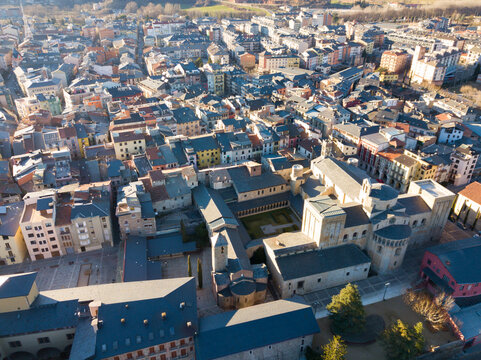Aerial view of cityscape of La Seu d'Urgell and main historical monument - Santa Maria d'Urgell Cathedral, Catalonia, Spain