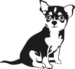 Black and White Cartoon Illustration Vector of a Chihuahua Puppy Sitting Down