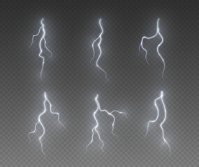 Thunderstorm lightning, thunderbolt strike, realistic electric zipper, energy flash light effect, white lightning bolt isolated on dark background. Vector illustration.