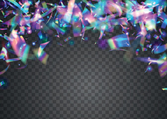 Light Background. Laser Flare. Violet Shiny Confetti. Bokeh Tinsel. Holographic Effect. Surreal Art. Blur Realistic Serpentine. Glitter Foil. Purple Light Background