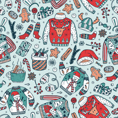 Ugly Christmas Sweater Party. Vector Xmas Seamless pattern. Hand Drawn Doodle Christmas festive knitted clothes, gifts boxes, sweets, gingerbread cookies, mulled wine, spice. Holiday background