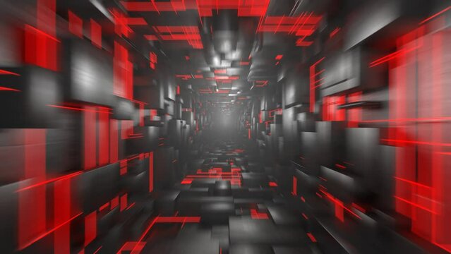 Fast camera movement along the tunnel with red lines. Seamless animation.