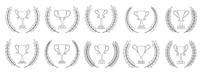 Goblet with laurel wreath black line icon set. 1st 2nd 3rd place different shape winner award. Champion prize heraldic emblem. Victory leaderships trophy cups. Best choice symbol. Championship signs