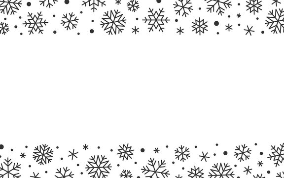 Christmas falling frosty snowflakes ornate border with copy space. Black and white Winter snowy frame for Xmas greeting card, ads banner flyer, party event invitation, gift certificate coupon voucher