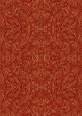 Hand-drawn unique abstract symmetrical seamless gold ornament with splatters of golden glitter on a bright red background. Paper texture. Digital artwork, A4. (pattern: p03d)