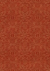 Fototapeta premium Hand-drawn unique abstract symmetrical seamless gold ornament with splatters of golden glitter on a bright red background. Paper texture. Digital artwork, A4. (pattern: p06e)