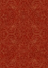 Hand-drawn unique abstract symmetrical seamless gold ornament with splatters of golden glitter on a bright red background. Paper texture. Digital artwork, A4. (pattern: p07-1d)