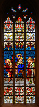 Stained-glass window depicting The Flight of the Holy Family to Egypt. Notre-Dame de Luxembourg (Notre-Dame Cathedral in Luxembourg). 2021/07/04.