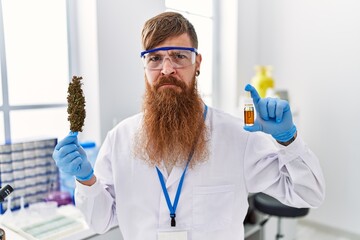 Redhead man with long beard working at scientist laboratory holding weed and cbd oil skeptic and...