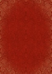 Hand-drawn unique abstract ornament. Light red on a bright red background, with vignette of same pattern in golden glitter. Paper texture. Digital artwork, A4. (pattern: p01e)