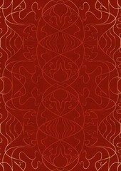 Hand-drawn unique abstract ornament. Light red on a bright red background, with vignette of same pattern in golden glitter. Paper texture. Digital artwork, A4. (pattern: p02-1d)