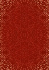 Hand-drawn unique abstract ornament. Light red on a bright red background, with vignette of same pattern in golden glitter. Paper texture. Digital artwork, A4. (pattern: p02-2d)