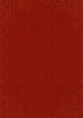 Hand-drawn unique abstract ornament. Light red on a bright red background, with vignette of same pattern in golden glitter. Paper texture. Digital artwork, A4. (pattern: p08-1f)