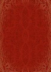 Hand-drawn unique abstract ornament. Light red on a bright red background, with vignette of same pattern in golden glitter. Paper texture. Digital artwork, A4. (pattern: p09d)