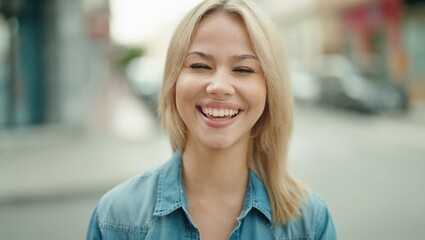 Young blonde woman smiling confident standing at street