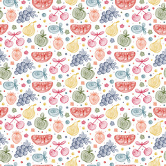 Hand Drawn Doodle Fruits with spiral pattern Seamless pattern. Abstract Colorful striped fruits and berries: watermelon, apple, pear, grapes, strawberries, plums, cherries. Vector illustration