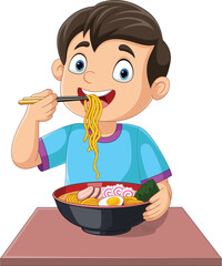 Cartoon little boy eating ramen noodle
