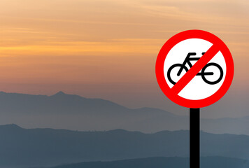 Bicycle prohibition sign black steel pole on white background Separated from the background