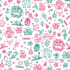 Merry Christmas. Colorful Christmas seamless pattern. Holiday background. Festive Endless texture. Hand Drawn Doodles illustration.