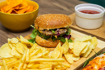 Tasty fast food on table