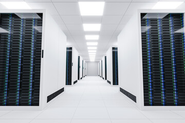 Server room of a futuristic data center 3d render