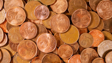 Many euro cents. Abundance of coins. Money