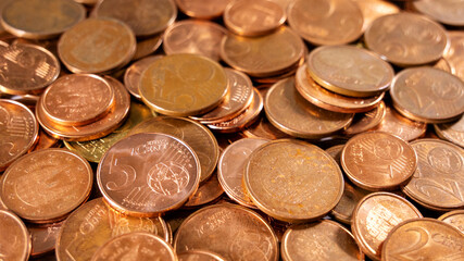 Many euro cents. Abundance of coins. Money