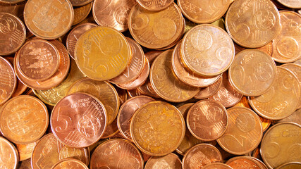 Many euro cents. Abundance of coins. Money
