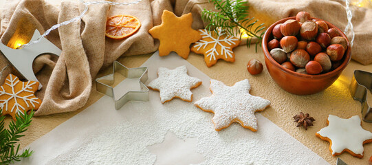 Composition with tasty Christmas cookies on table