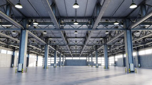 Interior of spacious industrial facility 3d animation render