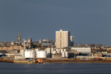 Naklejka premium 25 November 2022. Aberdeen, Scotland. This is the view of Aberdeen City across the Harbour area at Torry.