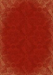 Hand-drawn unique abstract ornament. Light red on a bright red background, with vignette of same pattern and splatters in golden glitter. Paper texture. Digital artwork, A4. (pattern: p05e)