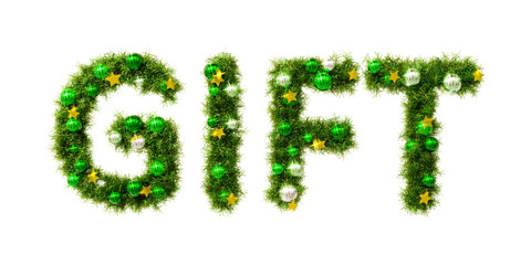 Beautiful christmas wreath in the shape of text GIFT with gold stars and green orbs on transparent background (RGBA 3D Rendering PNG)	