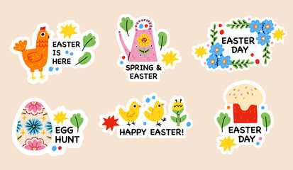 Easter spring doodle elements. Rabbit, flowers and chickens, cute easter theme symbols. Holiday easter icons cartoon illustration stickers with calligraphy text. Easter greeting cars. Hand draw child