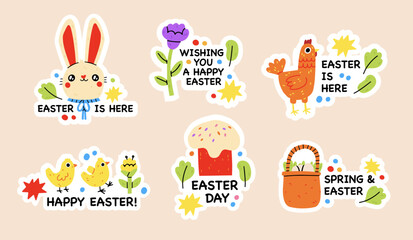 Easter spring doodle elements. Rabbit, flowers and chickens, cute easter theme symbols. Holiday easter icons cartoon illustration stickers with calligraphy text. Easter greeting cars. Hand draw child
