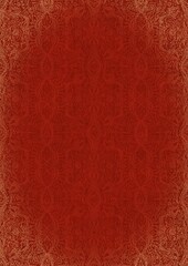 Hand-drawn unique abstract ornament. Light red on a bright red background, with vignette of same pattern and splatters in golden glitter. Paper texture. Digital artwork, A4. (pattern: p09e)
