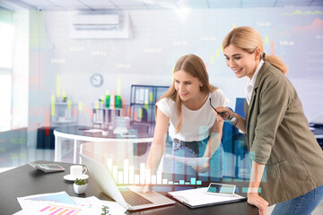 Fototapeta premium Double exposure of graphs and beautiful businesswoman with her colleague discussing issue in office