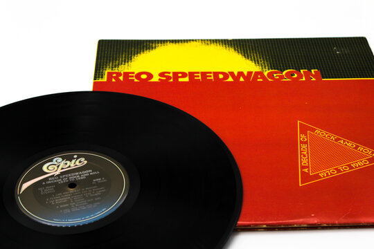 A Decade of Rock and Roll is a compilation album by the rock group REO SPEEDWAGON. On vinyl record, LP album. Taken on July 2022 in Miami, FL. 