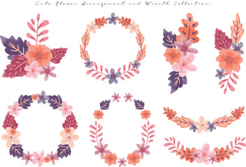 cute hand drawn flower and leaf pattern arrangement and wreath