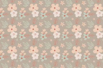 cute hand drawn flower and leaf with vintage color seamless pattern