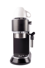 A close up of a compact espresso machine black isolated on white background
