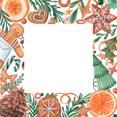 Winter christmas square border with traditional holiday elements. Frame with space for greetings. Postcard with gingerbread man, cookies, candies, dried oranges and branches in vintage style.