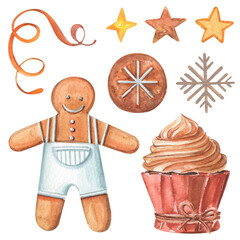 Christmas set of watercolor hand-drawn food illustrations. Gingerbread man with glazed costume, cupcake with cinnamon, cookies and stars isolated on white. 