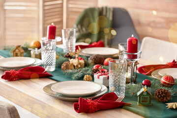 Fairy table setting for Christmas dinner in room